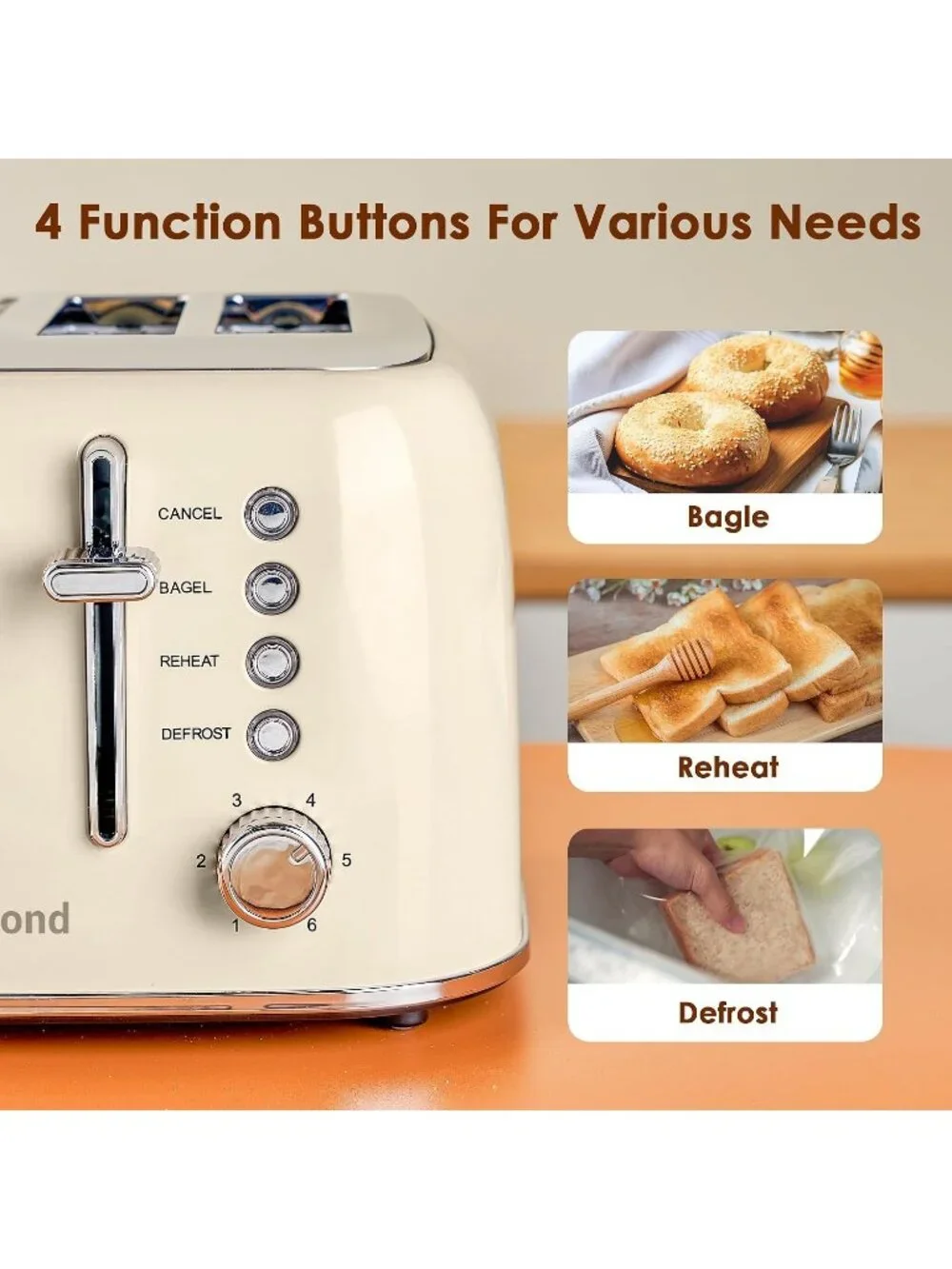 4 Slice Cream White Retro Stainless Steel with Extra Wide Slots Defrost Toaster